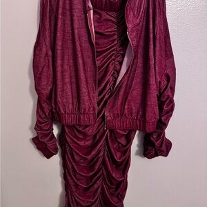 Burgundy Ruched Dress and Jacket Set